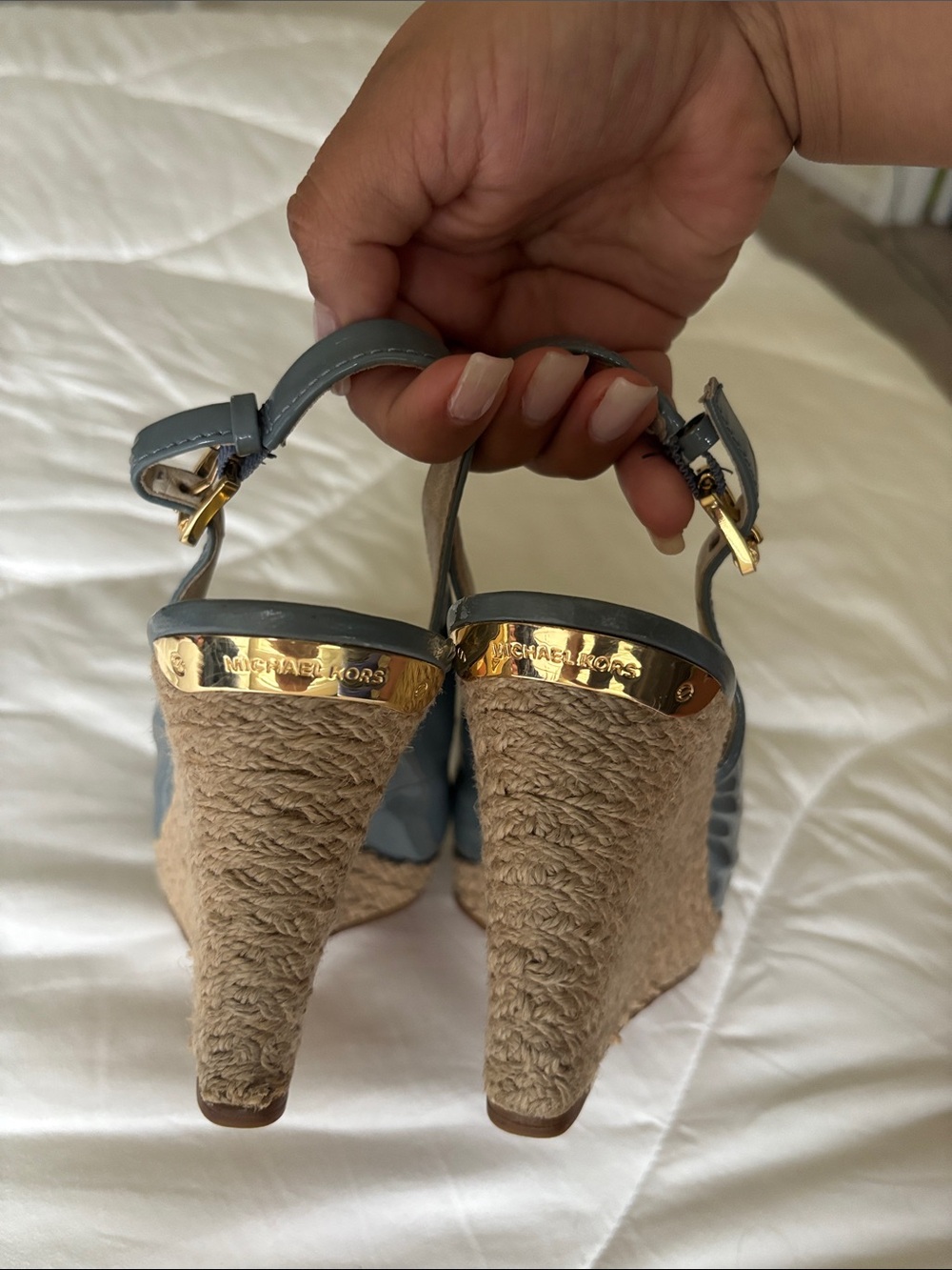 Michael Kors Slate Blue Patent Peep-Toe Slingback Wedges - Picture 4 of 5